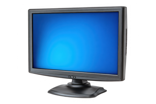 A modern computer monitor with a bright blue screen against a black background