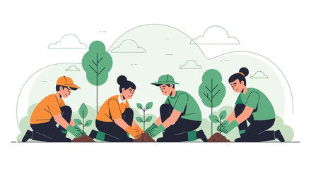 Fototapeta premium Teamwork And Planting Young Trees Illustration In Natural Environment Design