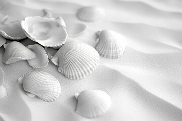 Elegant monochrome image showcasing an assortment of seashells gracefully arranged on a textured, white surface.