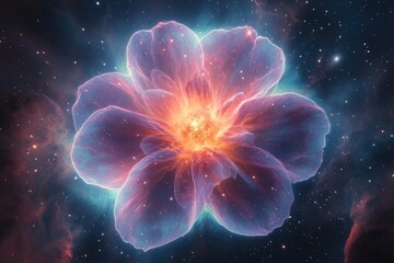 Obraz premium A radiant, ethereal flower blossoms amidst a nebula, its petals glowing with cosmic light and sparkling stardust.