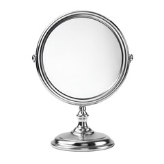 Elegant silver double sided swivel vanity mirror with ornate base isolated on a transparent background