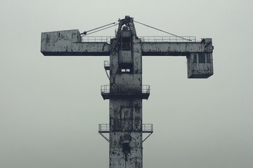 A weathered and aged dockside crane stands tall against a flat gray sky, showing its age and disuse.
