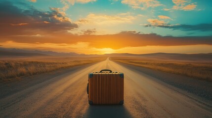 Sunset road with a yellow suitcase in the foreground, inviting travelers on an adventure