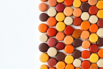 Obraz premium Colorful macarons in autumn tones are arranged on a white surface, occupying the right side of the frame.