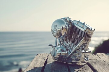 Shiny chrome motorcycle engine sits on a wooden platform overlooking the ocean on a clear sunny day.