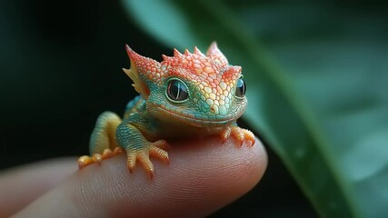 Tiny colorful lizard resting on a fingertip - Powered by Adobe
