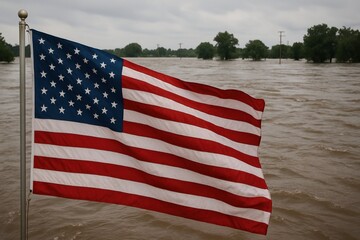 Flood in July 2025 - Flood and American flag AI generated

