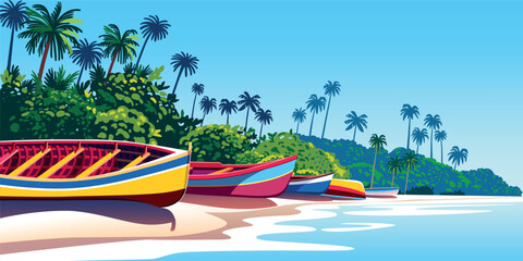 Tropical coastline landscape with colorful fishing boats, palm trees, beach, jungles and the sea in the background. Handmade drawing vector illustration.
