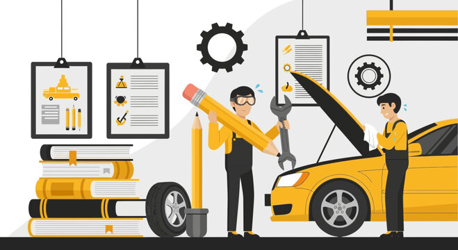 Creative Illustration Depicting Automotive Engineering and Education with Car Mechanics