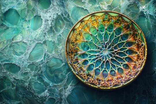 Vibrant mosaic plate with intricate designs, laid on a textured, teal and marbled surface. - Powered by Adobe