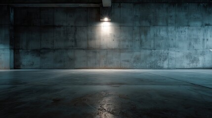 Concrete floor with textured industrial wall and soft spotlight creating a minimalist atmosphere in a construction background