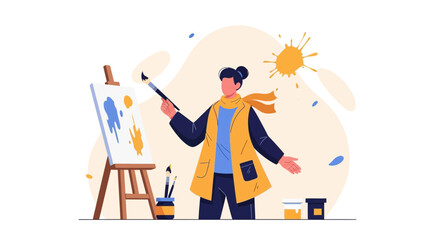 Creative Woman Painting on Canvas With Brush Indoor At Cozy Studio