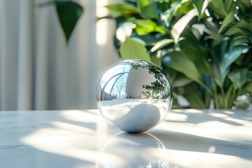A reflective sphere rests on a marble surface, capturing the room's elegant plants and light, creating a captivating visual distortion.