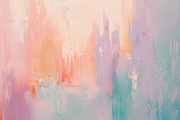 Abstract painting with soft pastel colors featuring thick brushstrokes and a textured surface, creating a dreamy and calming atmosphere.