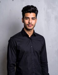 Portrait of Man Wearing Black Shirt Against Gray Backdrop