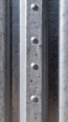 Vertical detail of metal roofing featuring rivets for industrial design concepts.