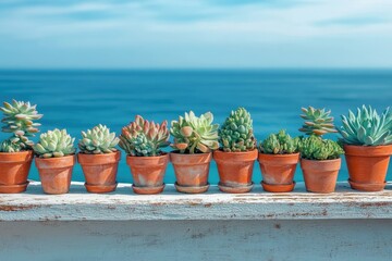 A variety of succulents in terracotta pots aligned on a white shelf against an ocean backdrop.