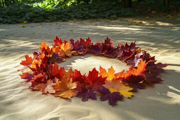 A circle of vibrant autumn leaves rests on a sandy surface, evoking the beauty of fall.