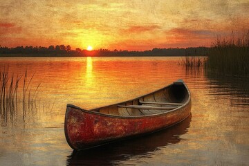 A weathered canoe rests serenely on calm water, reflecting a vibrant sunset with reeds on the shore.