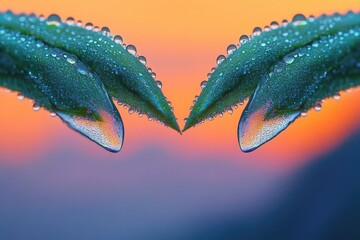 A macro image featuring two green leaves adorned with water droplets, set against a vibrant sunset backdrop.