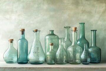 A collection of vintage-style glass bottles and decanters in various shapes and sizes, displayed against a textured green background.