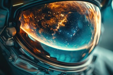 An astronaut's helmet reflects a mesmerizing view of a planet surrounded by stars, nebulae, and the vastness of outer space.