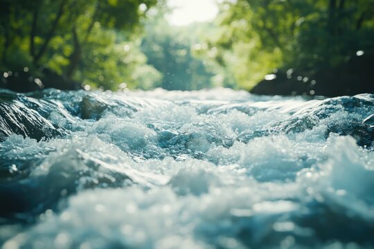 A close-up shot showcases the turbulent flow of a river, with sunlight filtering through the lush greenery in the background.