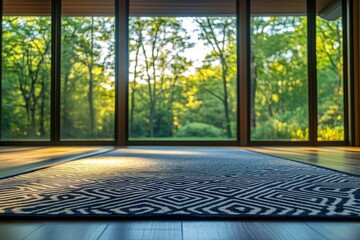 A serene indoor space featuring a patterned rug and expansive windows framing a lush green forest landscape.