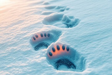 Bear tracks deeply imprinted in glistening, pristine snow. Sunlight and shadow play across the textured icy ground.