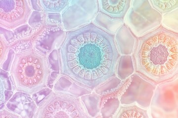 Microscopic view of plant cells with hexagonal structure and pastel hues, evoking a sense of biological wonder and intricate natural patterns.