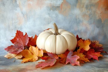 A white pumpkin centerpiece surrounded by colorful autumn leaves against a textured blue and beige background. Seasonal fall decor.