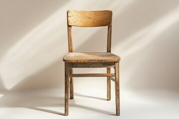 A weathered wooden chair stands in a bright room, bathed in sunlight, hinting at age and forgotten stories.