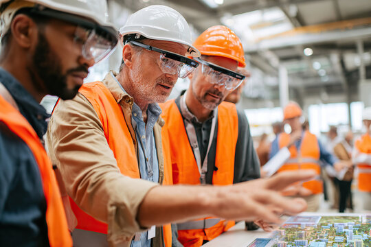 Construction team reviews plans during on-site project meeting in a warehouse