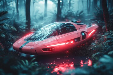 A futuristic red hovercraft is parked amidst a lush, misty forest, emitting a glowing red light, blending technology with nature.