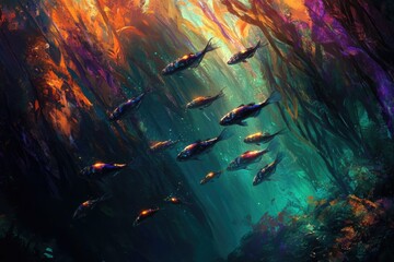 A school of fish swims through a kelp forest illuminated by light filtering from above, creating a vibrant underwater scene.