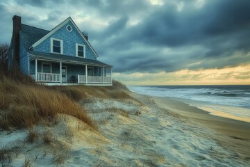 A serene beach house stands on dunes under a dramatic sky near the ocean at dusk.