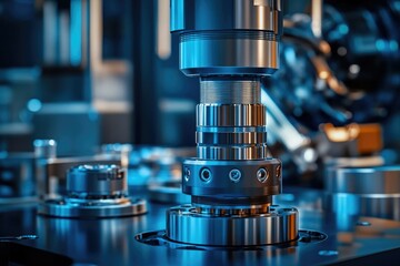 A close-up shot of a sophisticated industrial machine with blue and silver metal components, showcasing precision and advanced technology.