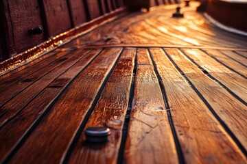 A close-up shot reveals the varnished wooden deck of a boat bathed in warm sunlight, highlighting its rich texture.