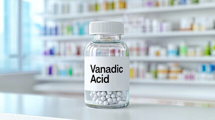A clear glass vial containing Vanadic Acid, displayed in a bright, modern pharmacy setting.