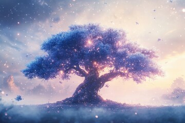 A magical tree stands bathed in light under a starry sky, glowing with ethereal beauty and whimsical charm.