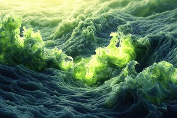 An abstract representation of powerful waves, illuminated with an eerie, luminous green glow, creating a surreal and captivating scene.