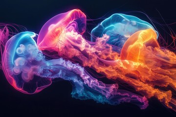 A captivating abstract art composition showcasing jellyfish in vibrant neon colors against a dark background.
