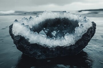 A mesmerizing geode, its crystal interior sparkling against the somber beach landscape under a cloudy sky.