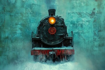 An old steam train is coming directly towards the camera with its headlight shining, with a textured, wintery aesthetic.