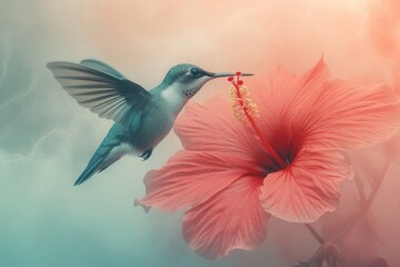 Hummingbird in flight, reaching with its beak towards the center of a vibrant pink hibiscus flower.