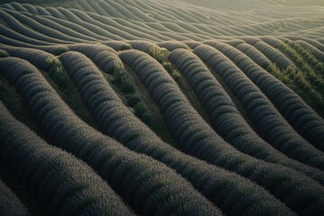 Serene rows of lavender plants form a textured landscape, with soft lighting enhancing the tranquility and beauty of the cultivated fields.