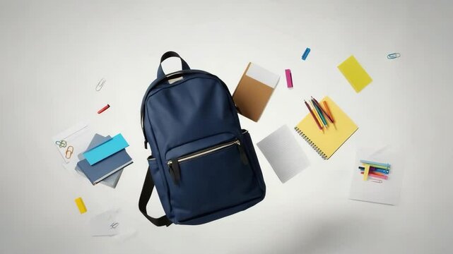 Stylish blue backpack surrounded by stationery on light background  