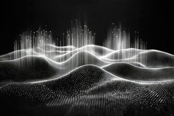 Abstract black and white landscape with digital waves and light beams, technology concept.