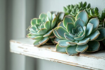 A cluster of vibrant succulents graces a distressed white wooden shelf, adding a touch of natural beauty to the interior.