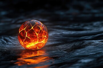 A glowing, fiery orb rests on a dark, textured surface, radiating light and heat with intricate patterns.